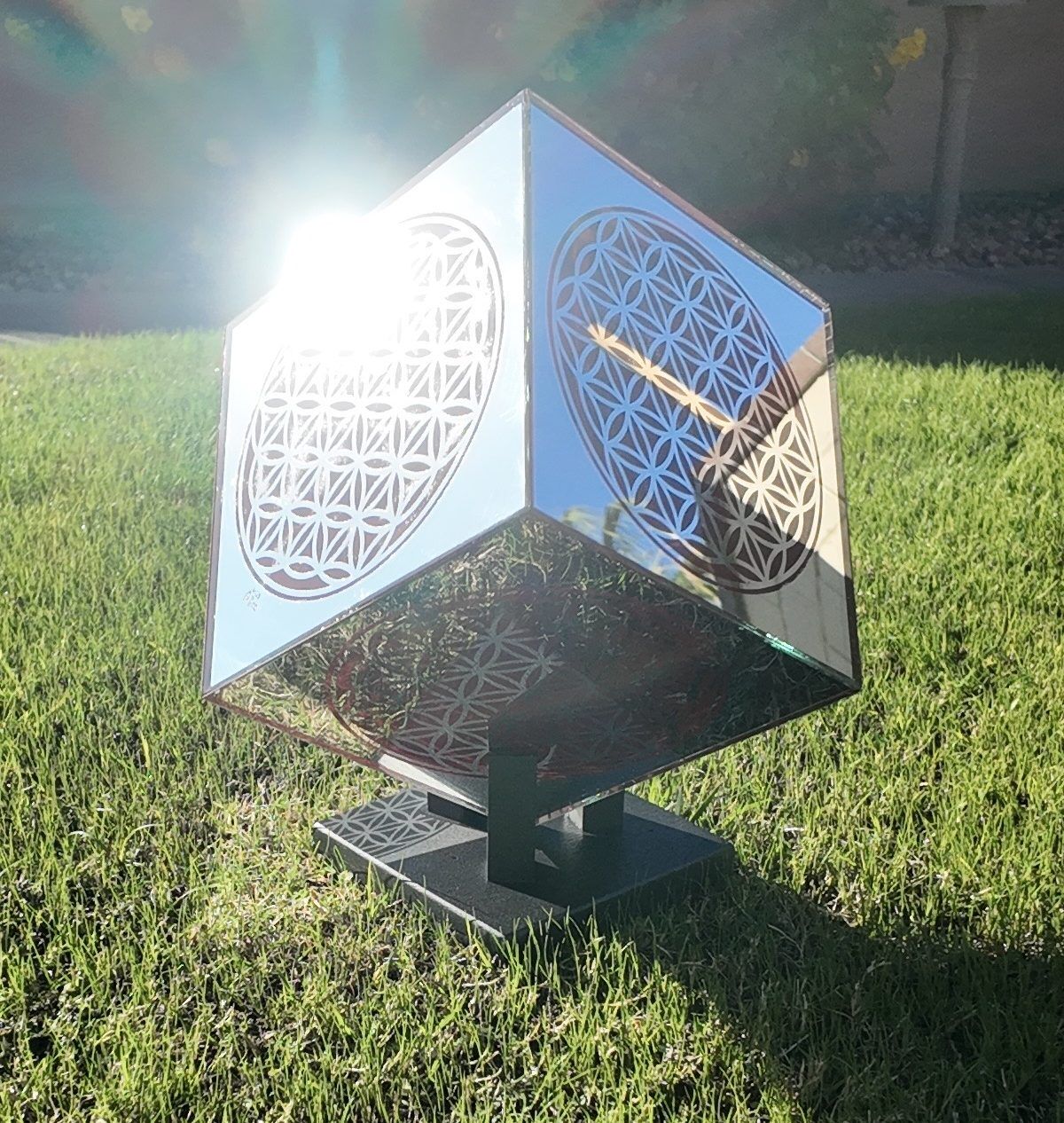 Genesis Cube with Flower of Life Design Mirror Sculpture